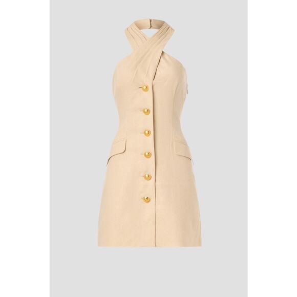 Toccin Cream Linen Crossover Halter Neck Front Mini Dress Size 6 - Picture 5 of 16
